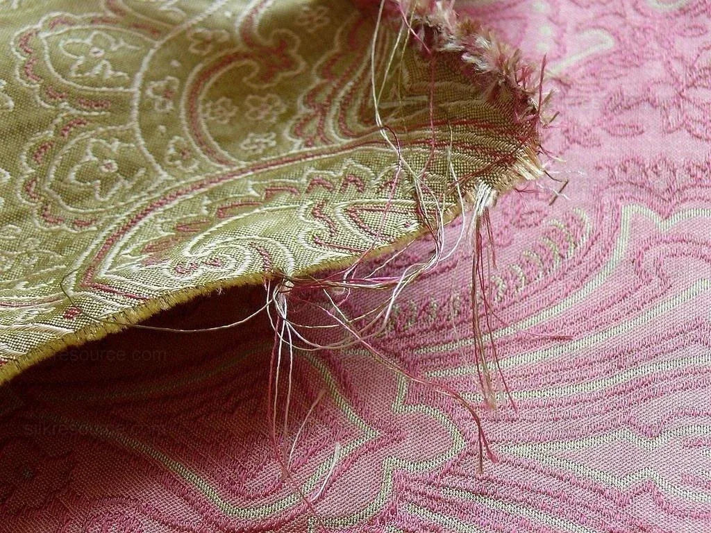 by yard Levant 100% Silk Fine Line Damask Lampas Paisley "sprig" Pink Large Medallion Reversible