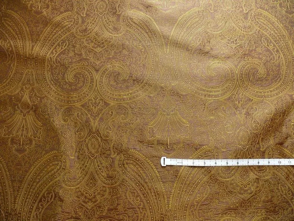 by yard Levant 100% Silk Fine Line Damask Lampas Paisley "tobacco" Brown Green Large Medallion Reversible