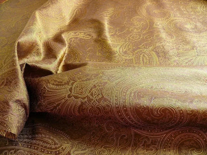 by yard Levant 100% Silk Fine Line Damask Lampas Paisley "tobacco" Brown Green Large Medallion Reversible
