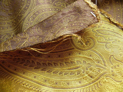 by yard Levant 100% Silk Fine Line Damask Lampas Paisley "tobacco" Brown Green Large Medallion Reversible