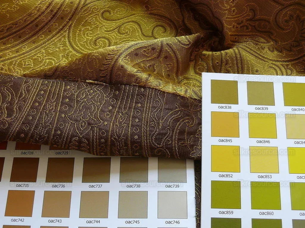 by yard Levant 100% Silk Fine Line Damask Lampas Paisley "tobacco" Brown Green Large Medallion Reversible