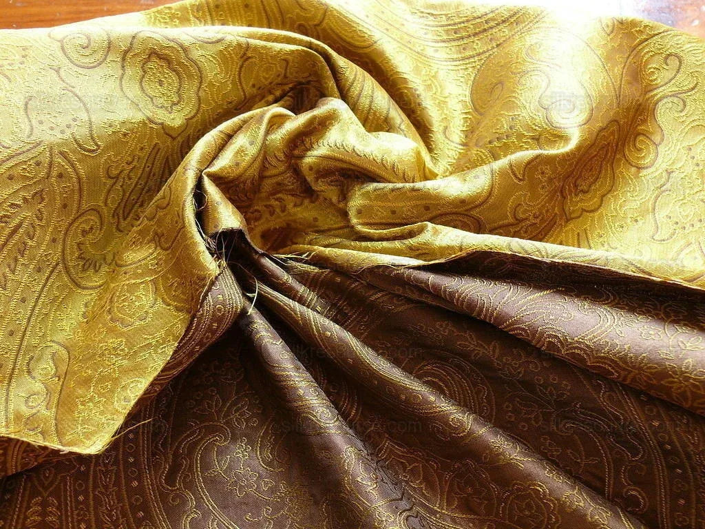 by yard Levant 100% Silk Fine Line Damask Lampas Paisley "tobacco" Brown Green Large Medallion Reversible