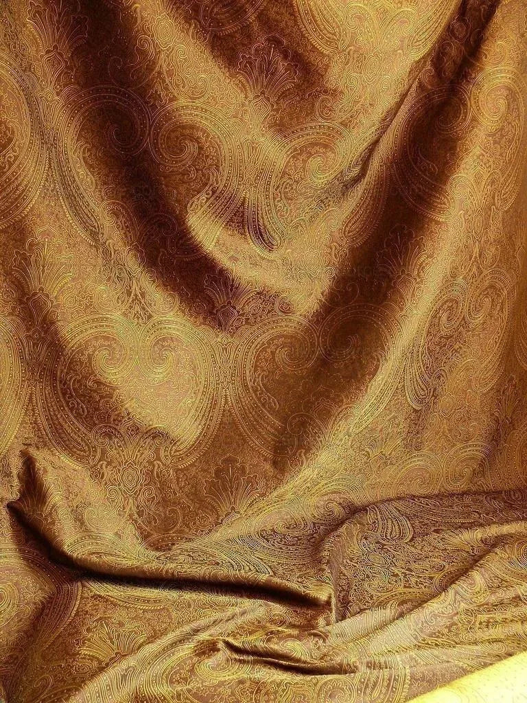 by yard Levant 100% Silk Fine Line Damask Lampas Paisley "tobacco" Brown Green Large Medallion Reversible