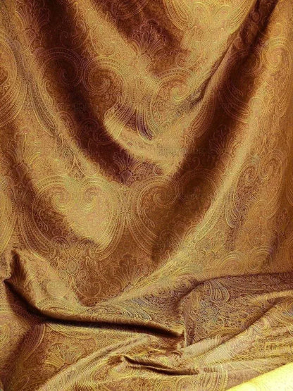 by yard Levant 100% Silk Fine Line Damask Lampas Paisley "tobacco" Brown Green Large Medallion Reversible