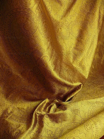 by yard Levant 100% Silk Fine Line Damask Lampas Paisley "tobacco" Brown Green Large Medallion Reversible