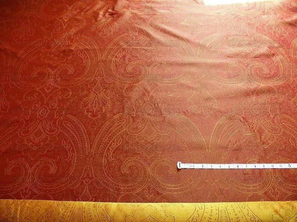 By Yd Levant 100% Silk Fine Line Damask Lampas Paisley "victorian" Red Brown Gold Large Medallion Reversible