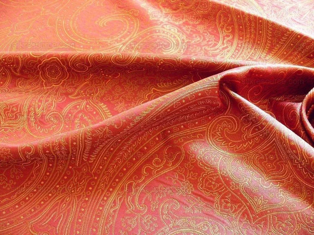 By Yd Levant 100% Silk Fine Line Damask Lampas Paisley "victorian" Red Brown Gold Large Medallion Reversible