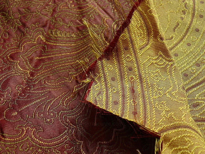 By Yd Levant 100% Silk Fine Line Damask Lampas Paisley "victorian" Red Brown Gold Large Medallion Reversible