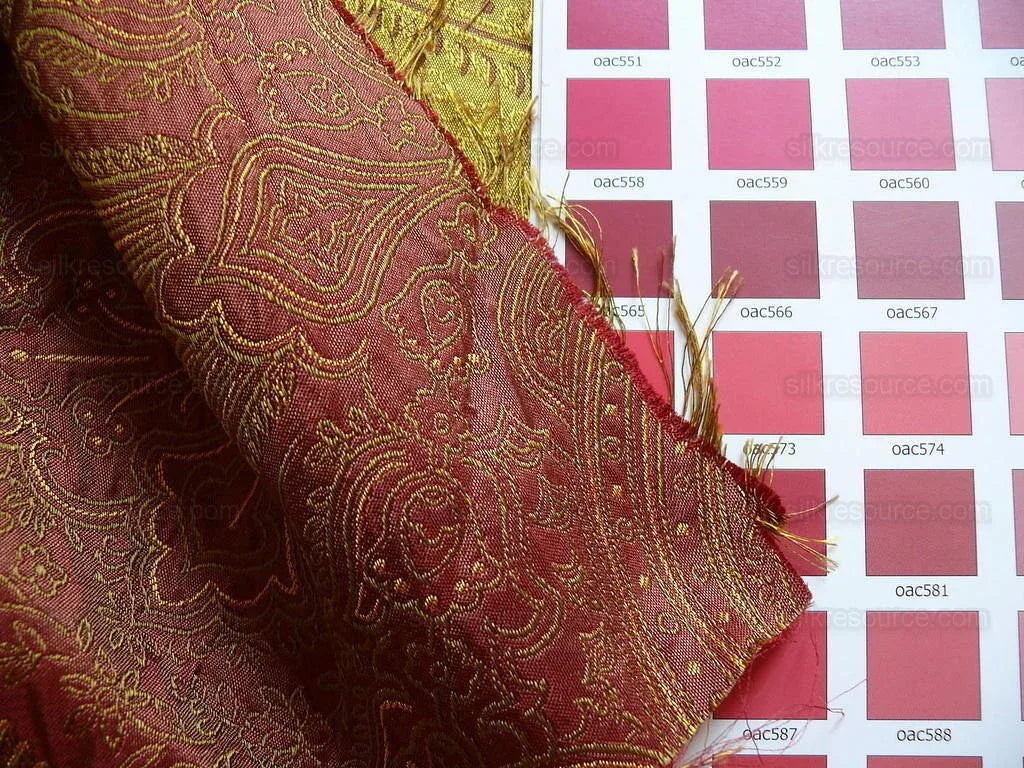 By Yd Levant 100% Silk Fine Line Damask Lampas Paisley "victorian" Red Brown Gold Large Medallion Reversible