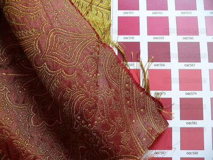 By Yd Levant 100% Silk Fine Line Damask Lampas Paisley "victorian" Red Brown Gold Large Medallion Reversible