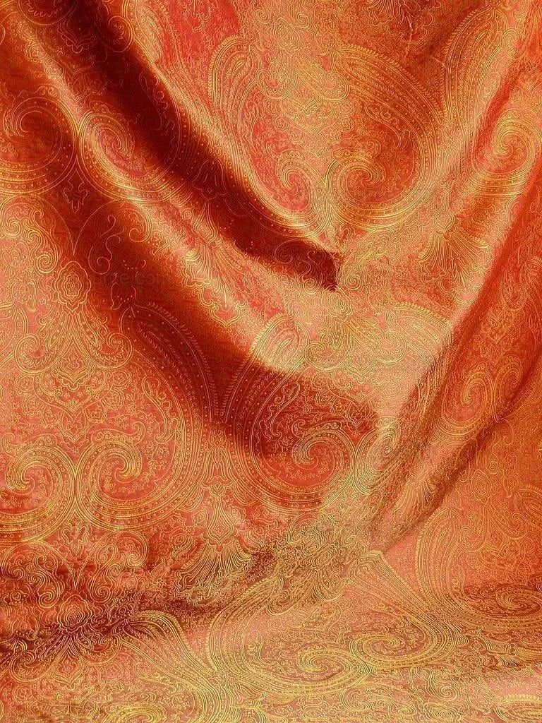 By Yd Levant 100% Silk Fine Line Damask Lampas Paisley "victorian" Red Brown Gold Large Medallion Reversible