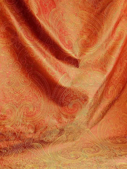 By Yd Levant 100% Silk Fine Line Damask Lampas Paisley "victorian" Red Brown Gold Large Medallion Reversible