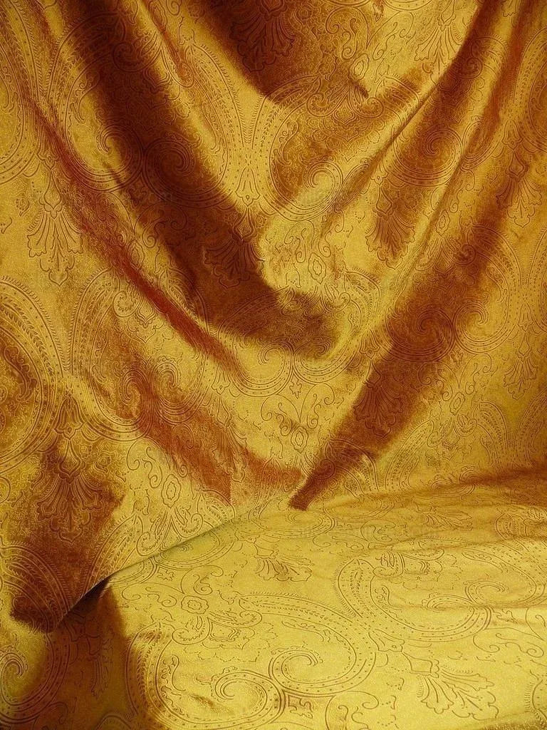 By Yd Levant 100% Silk Fine Line Damask Lampas Paisley "victorian" Red Brown Gold Large Medallion Reversible