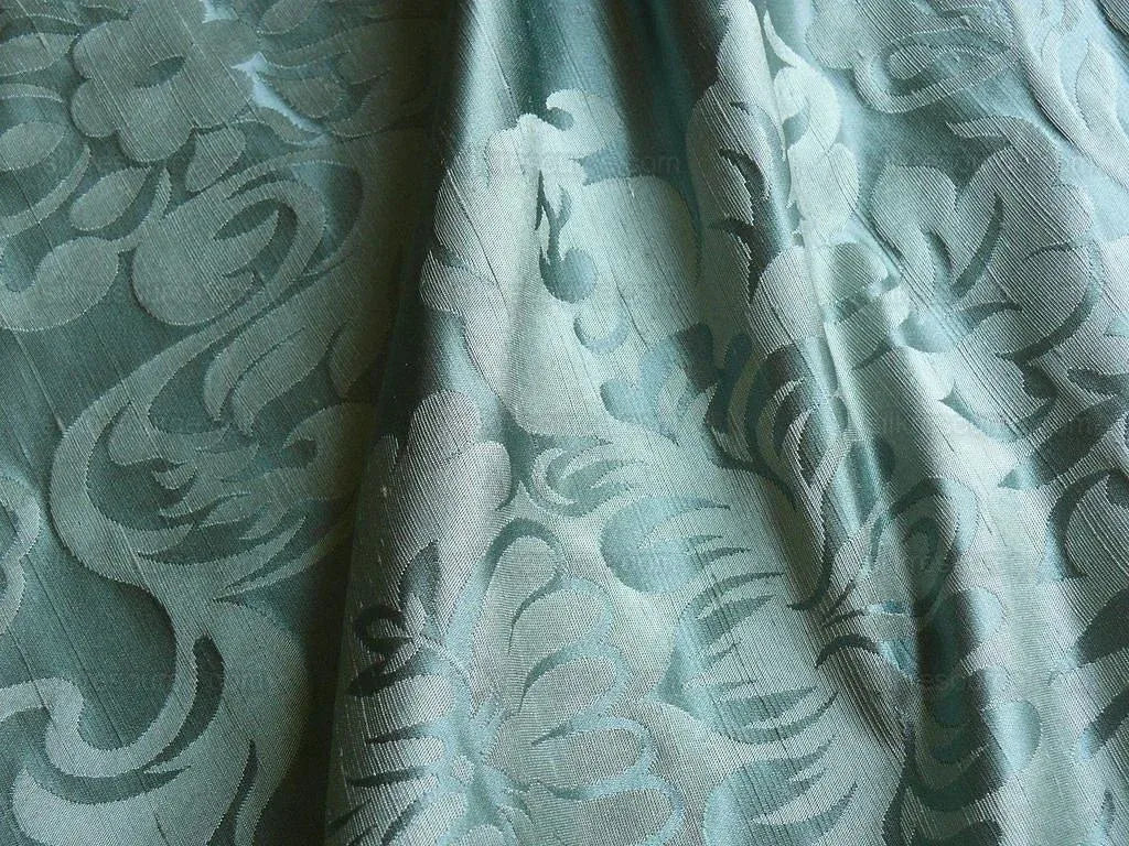 By Yard High End 100% Silk Damask Raw Texture Floral "bijou Blue" Green Blue