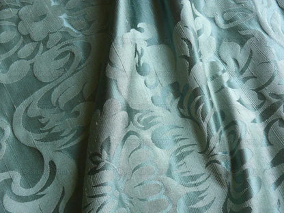 By Yard High End 100% Silk Damask Raw Texture Floral "bijou Blue" Green Blue