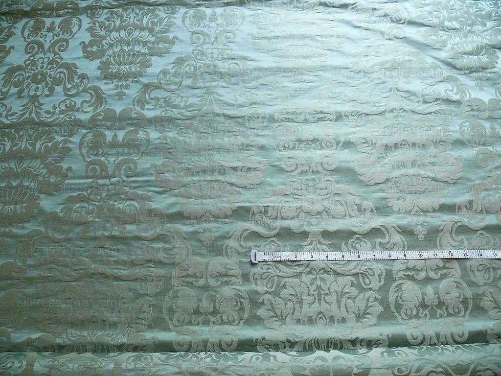 By Yard High End 100% Silk Damask Raw Texture Floral "bijou Blue" Green Blue
