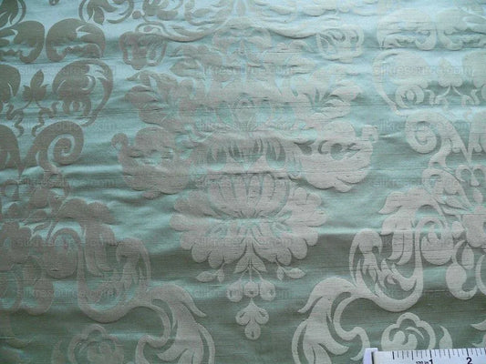 By Yard High End 100% Silk Damask Raw Texture Floral "bijou Blue" Green Blue