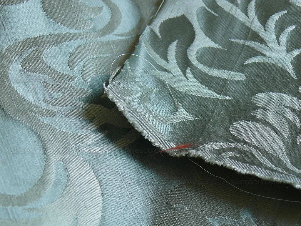 By Yard High End 100% Silk Damask Raw Texture Floral "bijou Blue" Green Blue