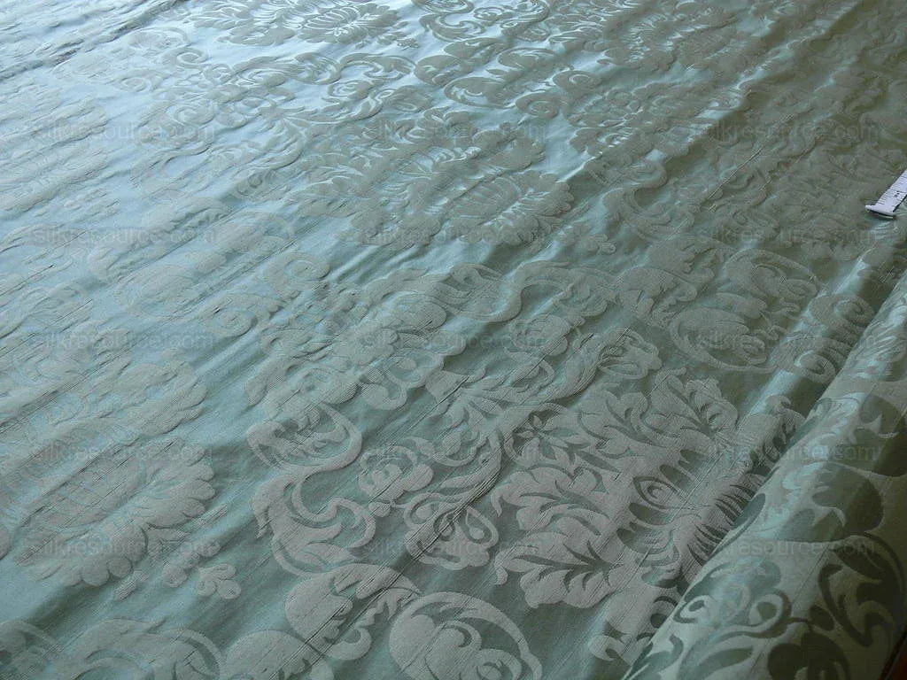 By Yard High End 100% Silk Damask Raw Texture Floral "bijou Blue" Green Blue