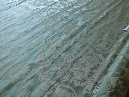 By Yard High End 100% Silk Damask Raw Texture Floral "bijou Blue" Green Blue