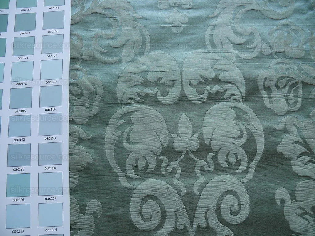 By Yard High End 100% Silk Damask Raw Texture Floral "bijou Blue" Green Blue