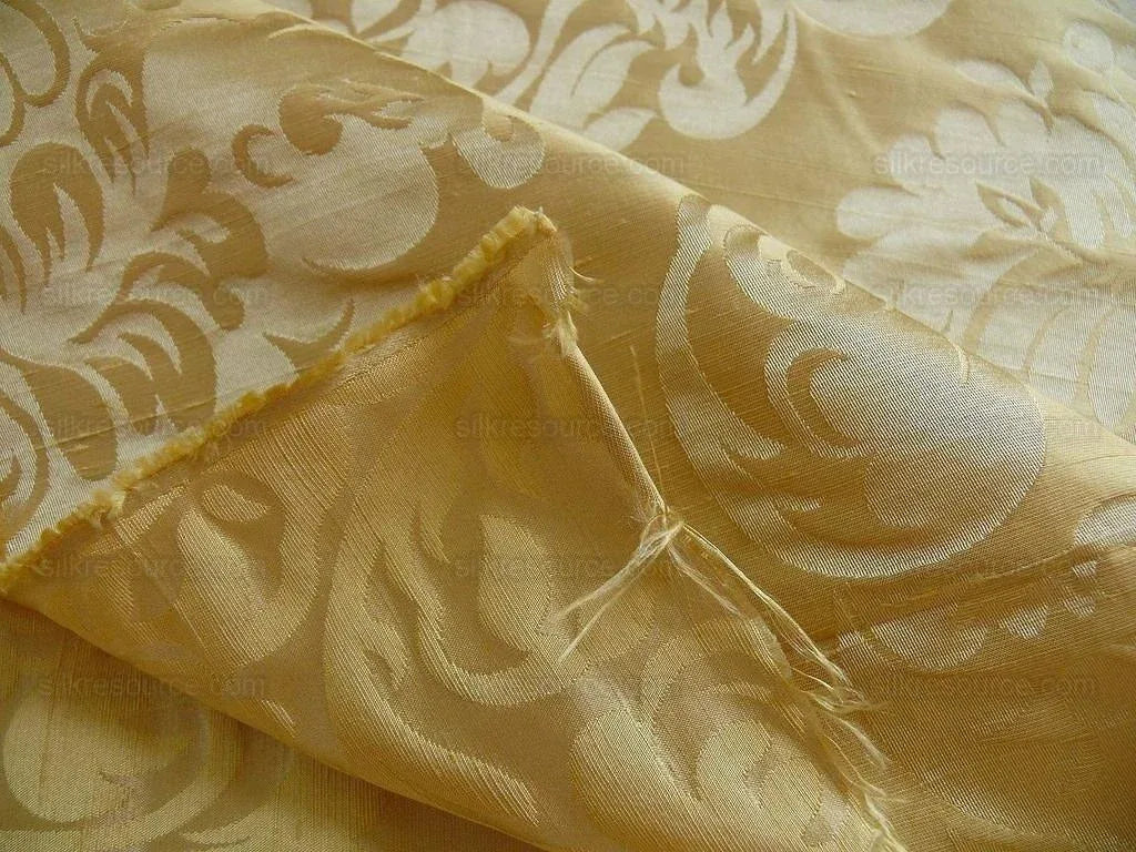 by yard 100% Silk Damask Raw Texture Floral "cream Puff" Gold