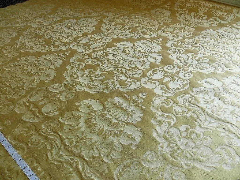 by yard 100% Silk Damask Raw Texture Floral "cream Puff" Gold