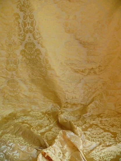 by yard 100% Silk Damask Raw Texture Floral "cream Puff" Gold