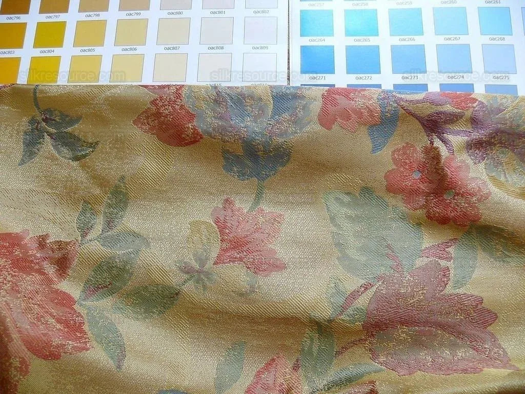 Rm Coco100%silk Lampas Autumn Tri-leaf Flower "mixed Berry" Gold Blue Red Green Purple MSRP USD 199.90/y