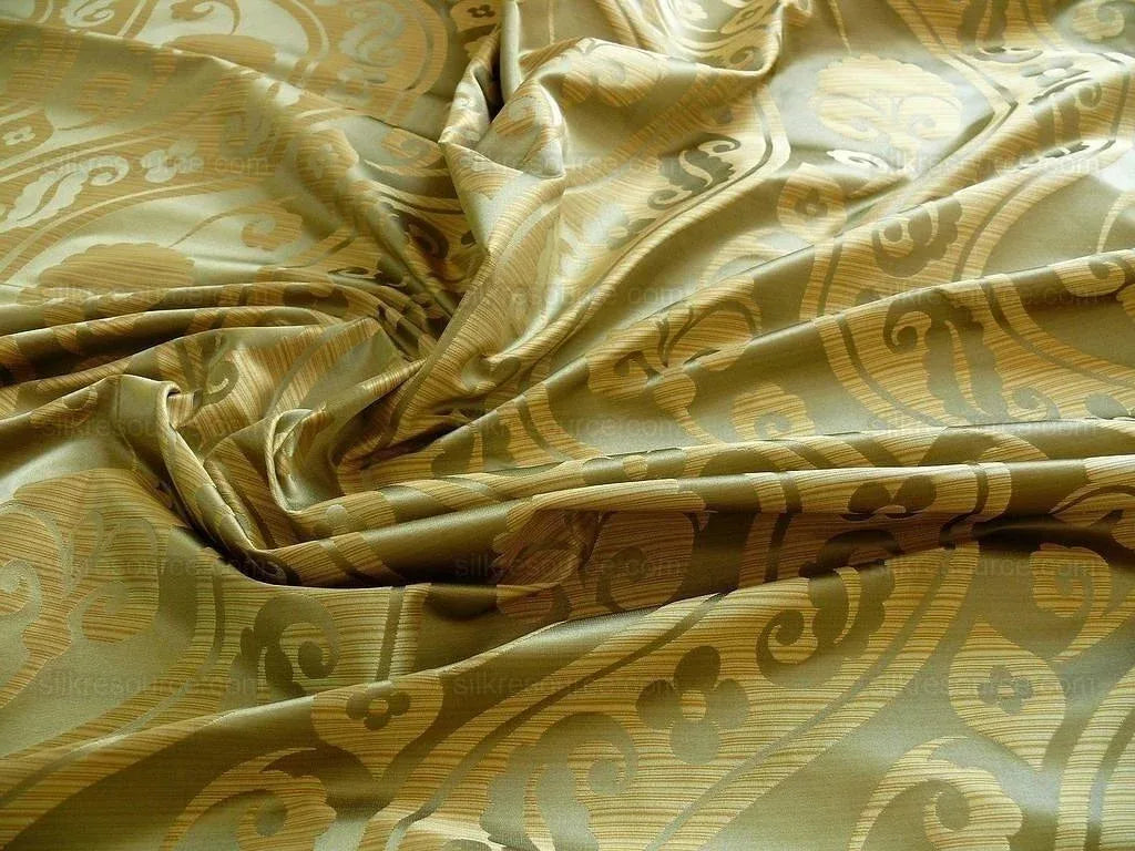 100% Silk Damask Peony River - Palm Green