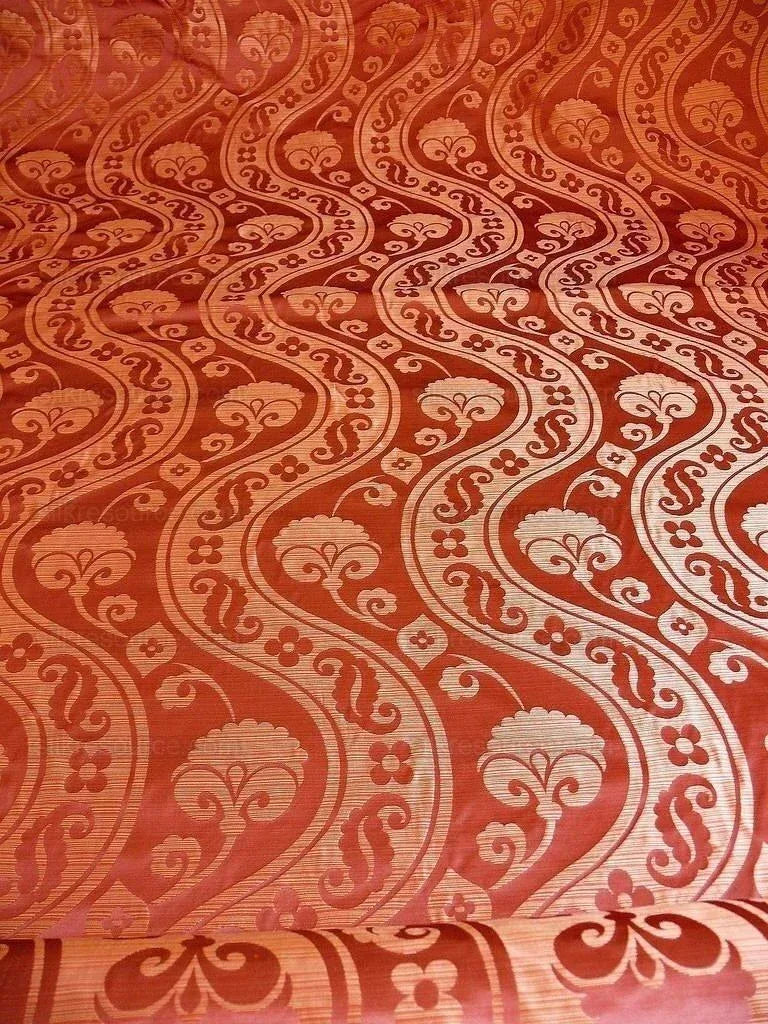 100% Silk Damask Peony River - Spice Red