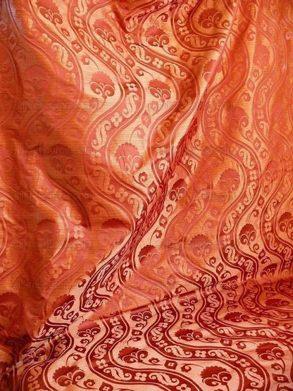 100% Silk Damask Peony River - Spice Red