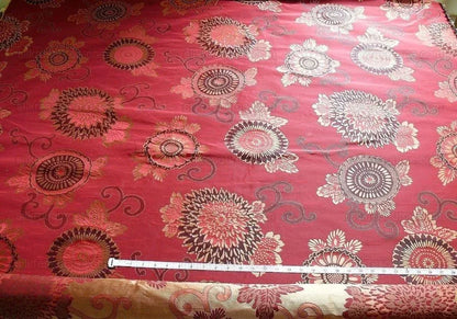 By yard Asian Modern 100% Silk Jacquard Retro Mum "beaujolais" Red Brown Beige