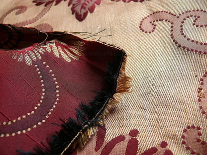 By yard Asian Modern 100% Silk Jacquard Retro Mum "beaujolais" Red Brown Beige