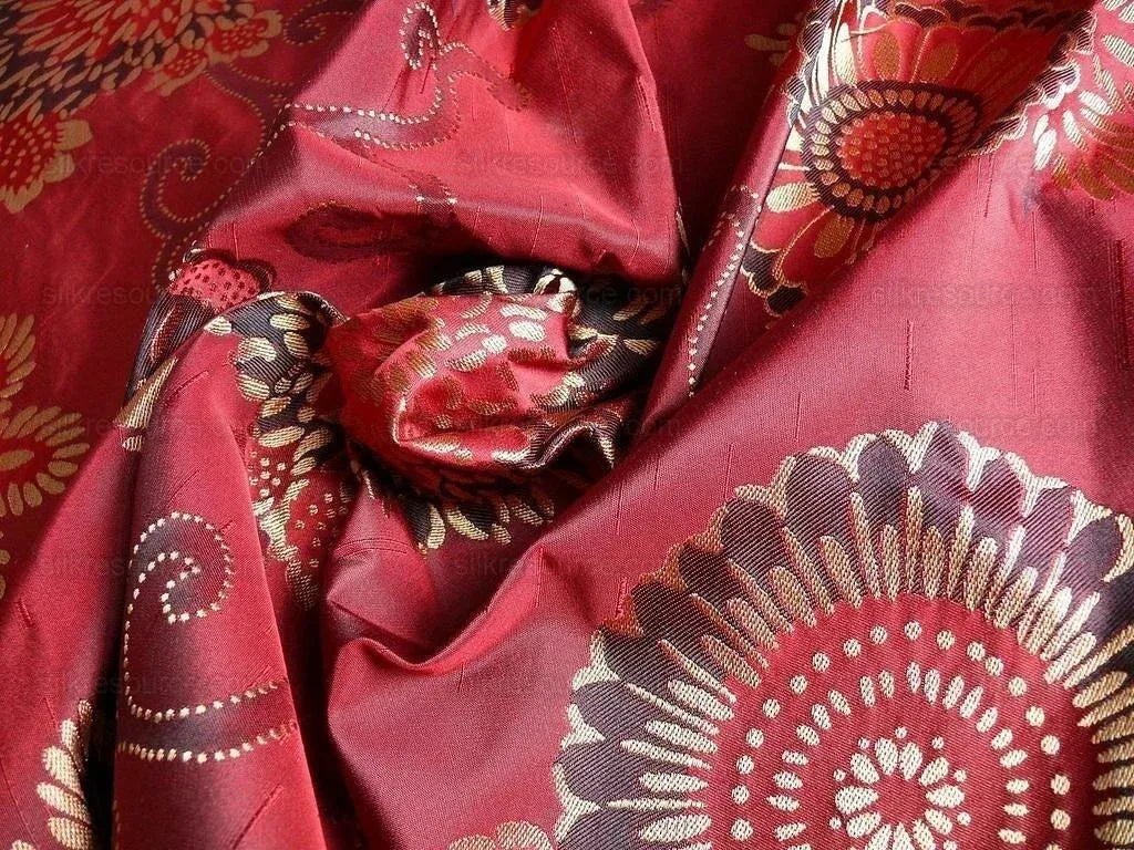 By yard Asian Modern 100% Silk Jacquard Retro Mum "beaujolais" Red Brown Beige
