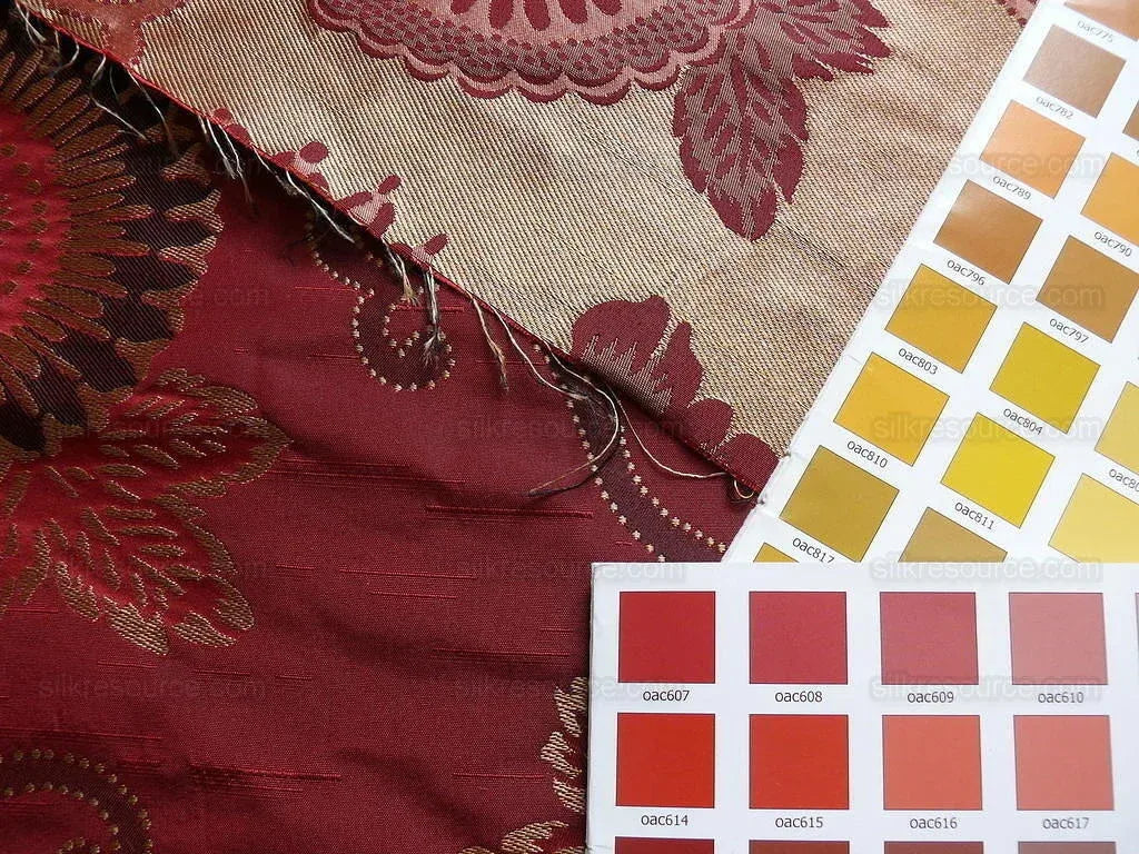 By yard Asian Modern 100% Silk Jacquard Retro Mum "beaujolais" Red Brown Beige