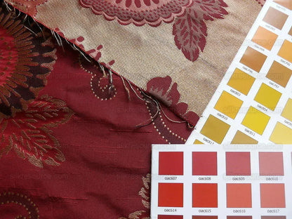 By yard Asian Modern 100% Silk Jacquard Retro Mum "beaujolais" Red Brown Beige