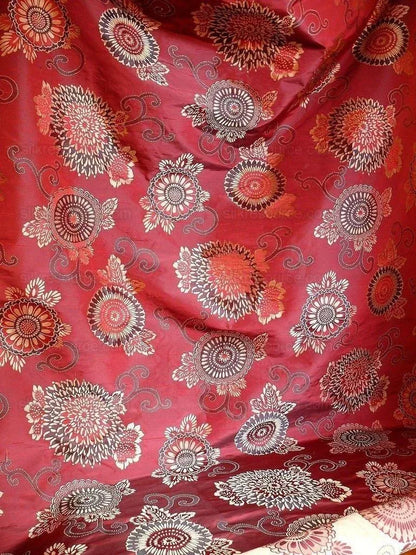 By yard Asian Modern 100% Silk Jacquard Retro Mum "beaujolais" Red Brown Beige
