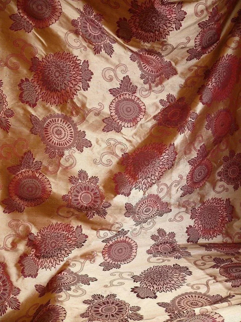 By yard Asian Modern 100% Silk Jacquard Retro Mum "beaujolais" Red Brown Beige
