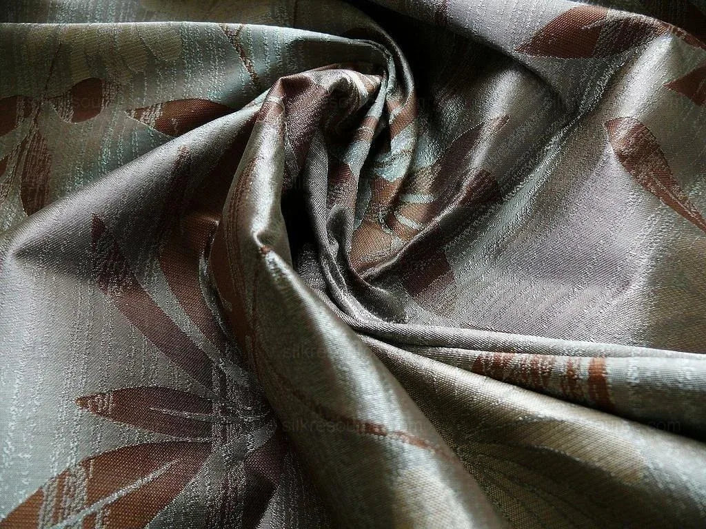 By yard 100% Silk Lampas Bali Breeze "patina" Blue-gray Walnut Brown Tropical Reversible