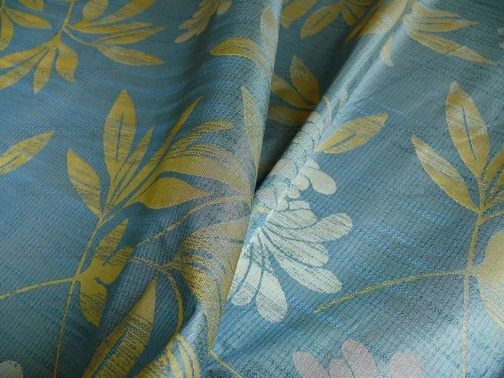 By yard 100% Silk Lampas Bali Breeze "ocean" Blue Flora Tropical Reversible