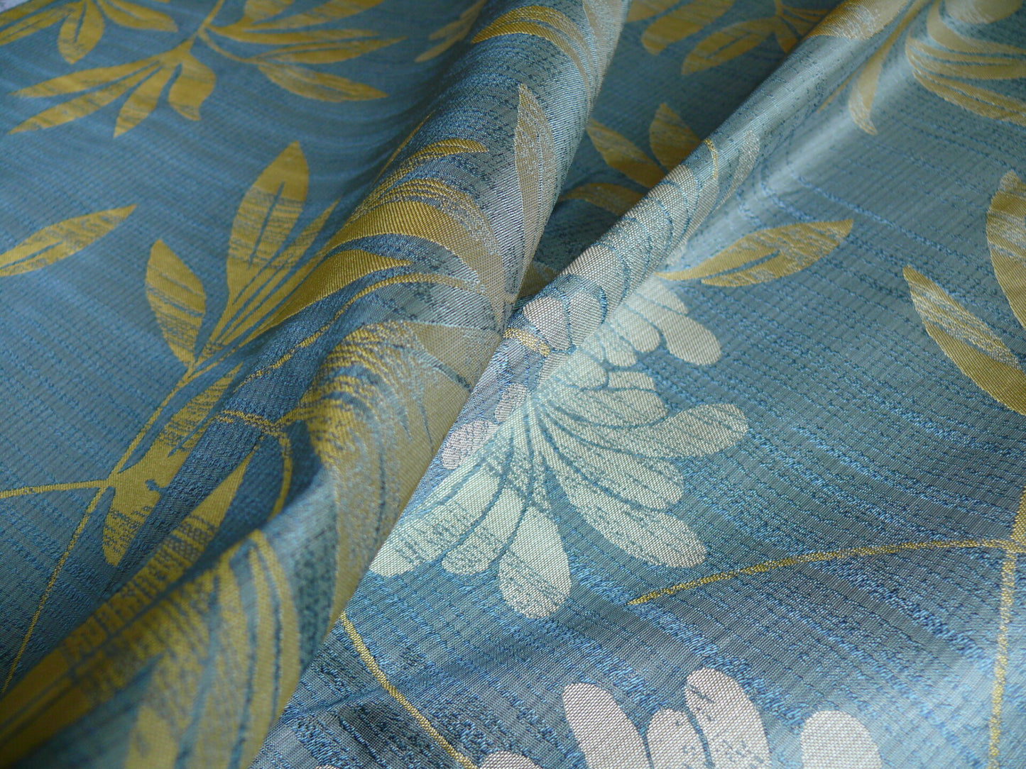 By yard 100% Silk Lampas Bali Breeze "ocean" Blue Flora Tropical Reversible