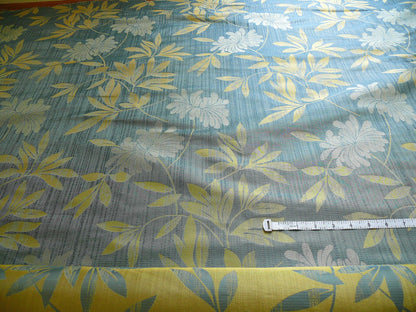 By yard 100% Silk Lampas Bali Breeze "ocean" Blue Flora Tropical Reversible