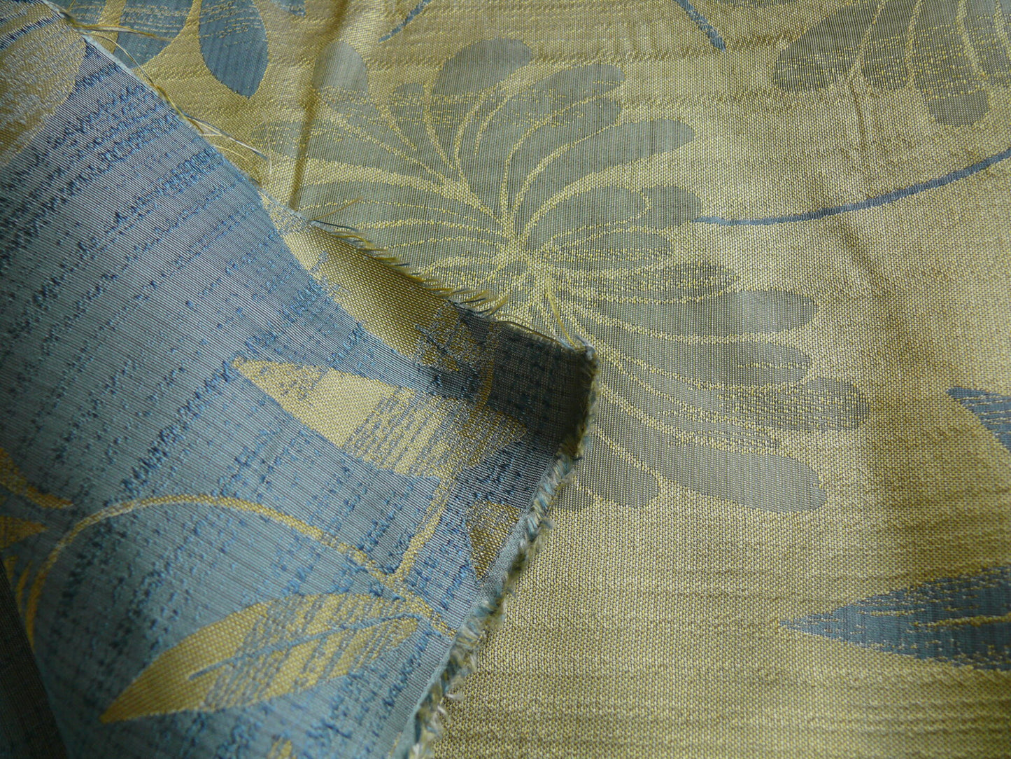 By yard 100% Silk Lampas Bali Breeze "ocean" Blue Flora Tropical Reversible