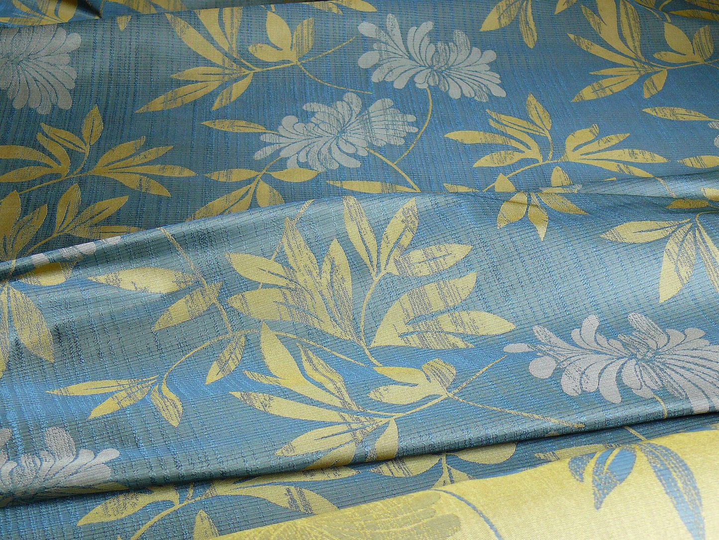 By yard 100% Silk Lampas Bali Breeze "ocean" Blue Flora Tropical Reversible