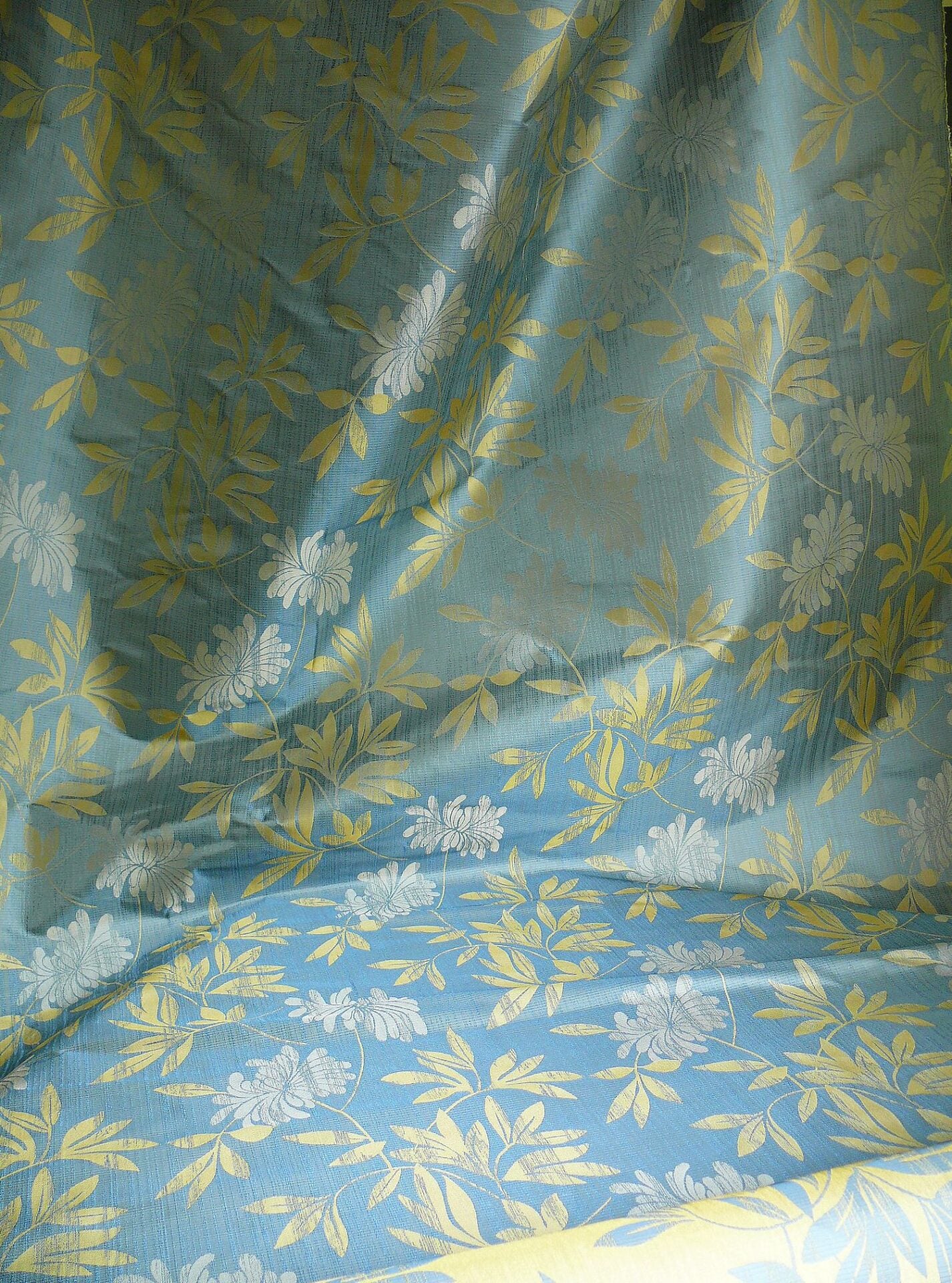 By yard 100% Silk Lampas Bali Breeze "ocean" Blue Flora Tropical Reversible