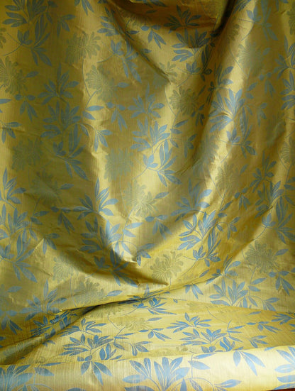 By yard 100% Silk Lampas Bali Breeze "ocean" Blue Flora Tropical Reversible