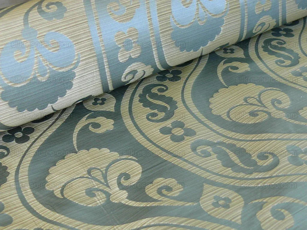By Yard CUSTOM ORDER 100% Silk Damask Peony River - Blue