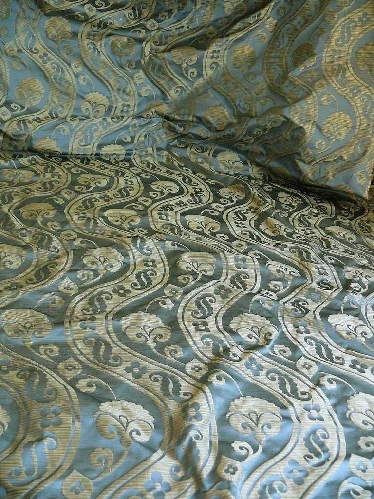 By Yard CUSTOM ORDER 100% Silk Damask Peony River - Blue