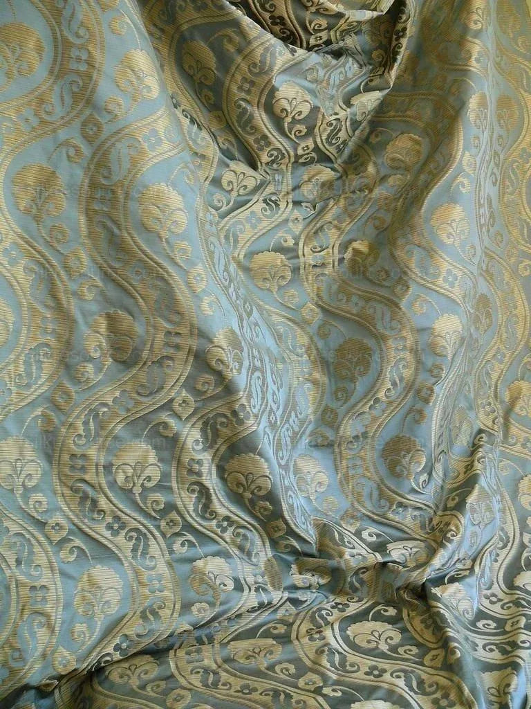 By Yard CUSTOM ORDER 100% Silk Damask Peony River - Blue